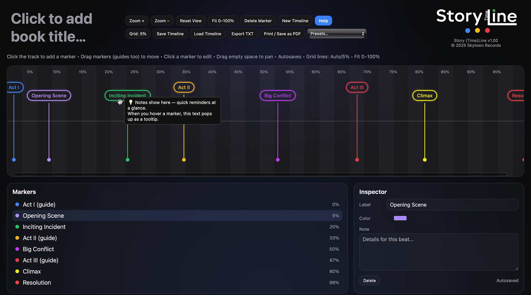 Story(Time)Line app — simple timeline for writers to add beats, drag markers, and plan stories visually